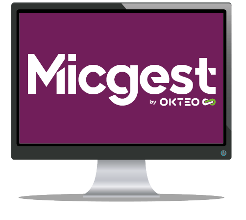 Infographie écran pc avec logo Micgest en fond d'écran