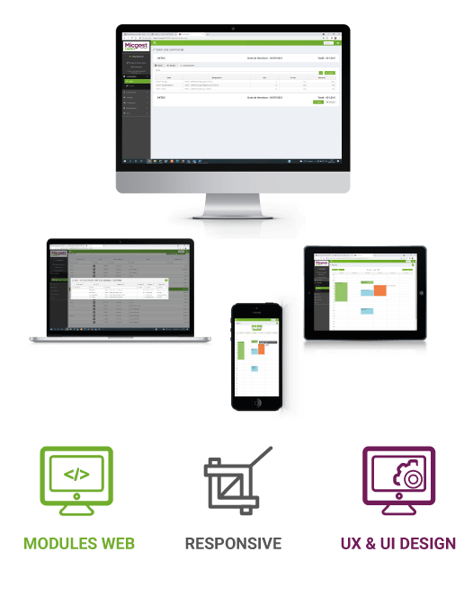 Présentation sur différents écrans, pc smartphone, tablette, de la solution ERP micgest
